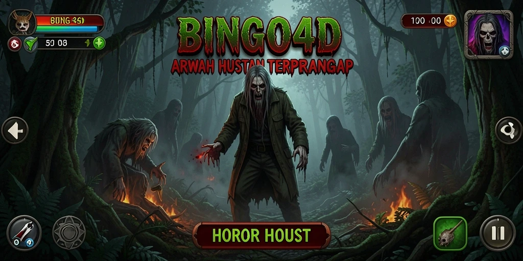 Antarmuka permainan BINGO4D dengan suasana hutan yang menyeramkan.